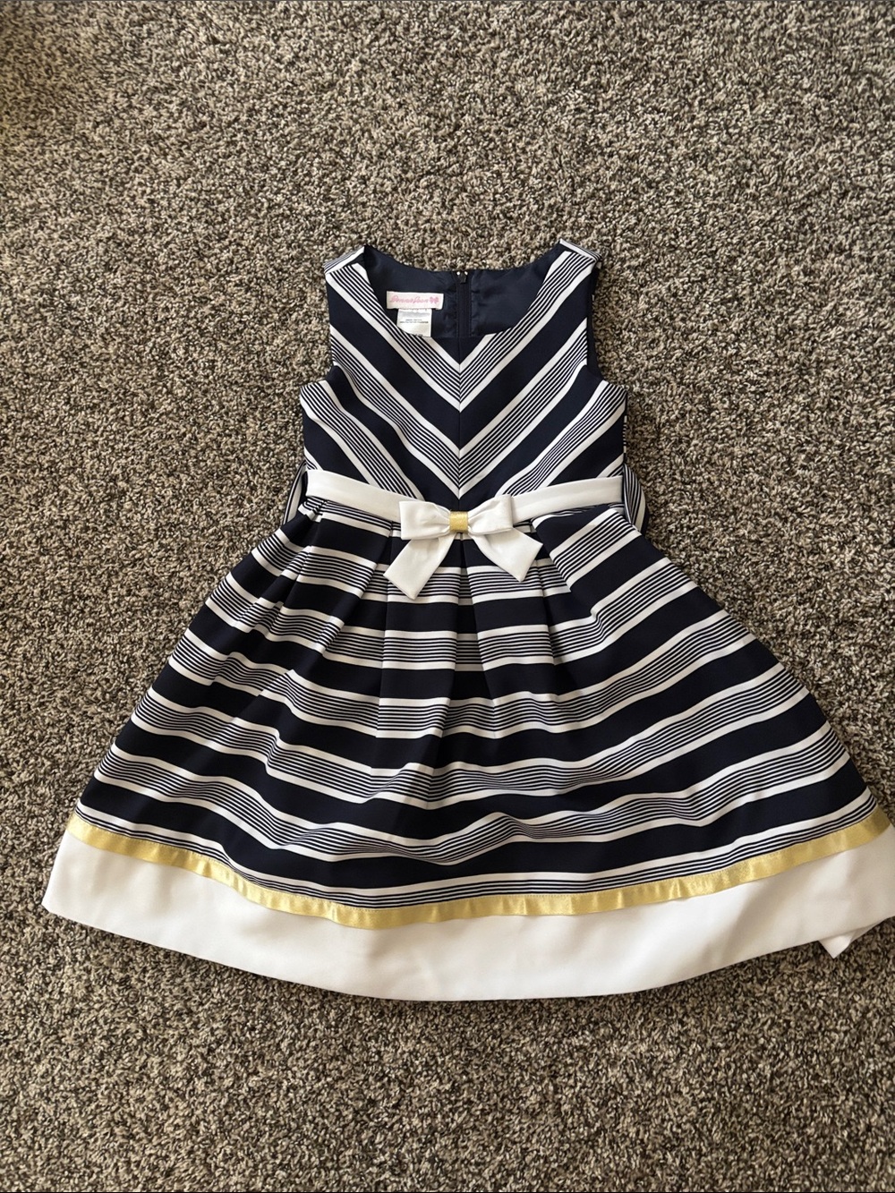 Bonnie Jean Navy and White Striped Dress with Gold Accent